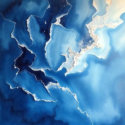 The primary subject of the image is a blue and white painting of a waterfall. The setting is a blue background, and the visual style appears to be a digital art or illustration. The dominant colors in the painting are blue and white, creating a serene and calming atmosphere.
